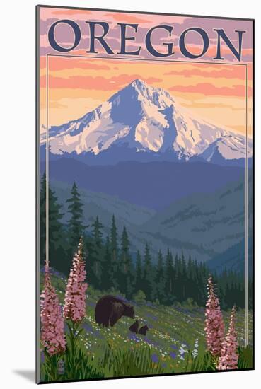 Oregon - Mt. Hood Bear Family and Spring Flowers-Lantern Press-Mounted Art Print