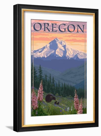 Oregon - Mt. Hood Bear Family and Spring Flowers-Lantern Press-Framed Art Print