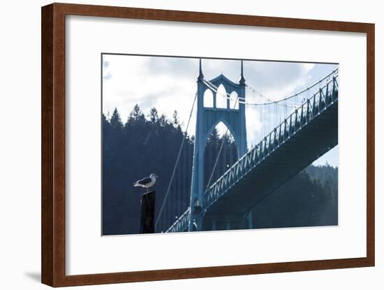 Oregon, Portland, Cathedral Park, Western Gull in Front of St. John's Bridge-Rick A. Brown-Framed Photographic Print