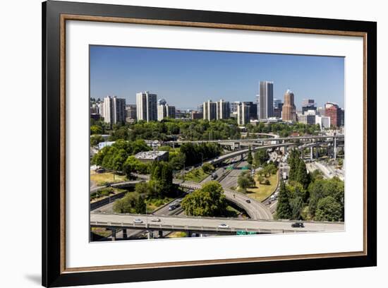 Oregon, Portland. Highways and Downtown from the Ohsu Gondola-Brent Bergherm-Framed Photographic Print