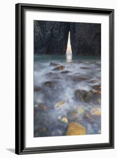 Oregon. Slow Shutter Speed, Ocean Spray over Lichen Covered Rocks at Arch, Harris Beach State Park-Judith Zimmerman-Framed Photographic Print