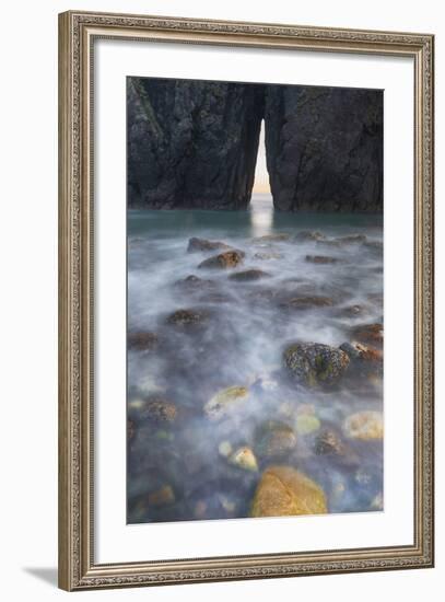 Oregon. Slow Shutter Speed, Ocean Spray over Lichen Covered Rocks at Arch, Harris Beach State Park-Judith Zimmerman-Framed Photographic Print