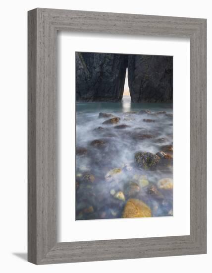 Oregon. Slow Shutter Speed, Ocean Spray over Lichen Covered Rocks at Arch, Harris Beach State Park-Judith Zimmerman-Framed Photographic Print