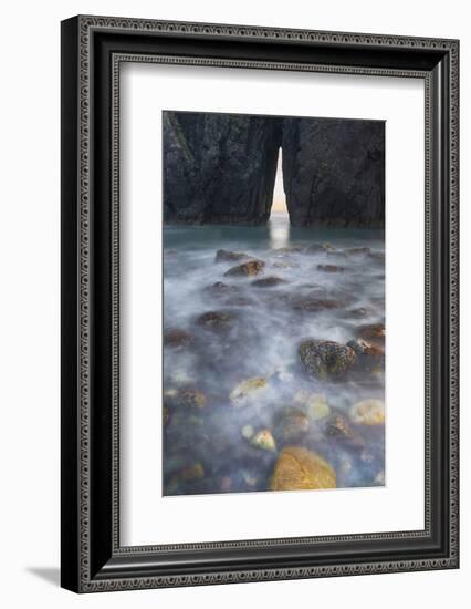 Oregon. Slow Shutter Speed, Ocean Spray over Lichen Covered Rocks at Arch, Harris Beach State Park-Judith Zimmerman-Framed Photographic Print