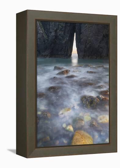 Oregon. Slow Shutter Speed, Ocean Spray over Lichen Covered Rocks at Arch, Harris Beach State Park-Judith Zimmerman-Framed Premier Image Canvas