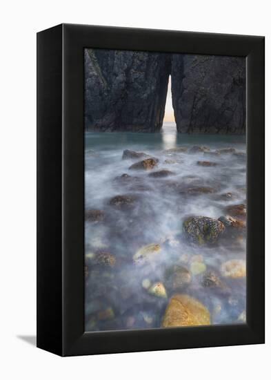 Oregon. Slow Shutter Speed, Ocean Spray over Lichen Covered Rocks at Arch, Harris Beach State Park-Judith Zimmerman-Framed Premier Image Canvas