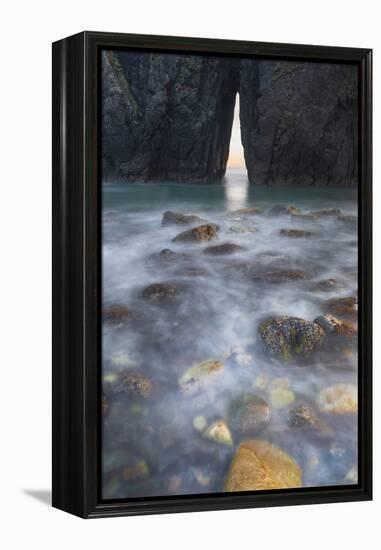 Oregon. Slow Shutter Speed, Ocean Spray over Lichen Covered Rocks at Arch, Harris Beach State Park-Judith Zimmerman-Framed Premier Image Canvas