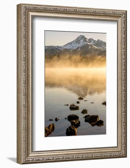 Oregon, Sparks Lake. Misty Lake and Mt. Bachelor-Jaynes Gallery-Framed Photographic Print