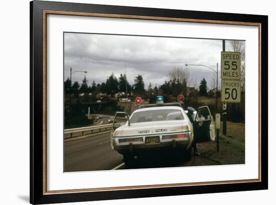 Oregon State Police Stops a Driver Who Exceeded 55 Mph National Speed Limit, 1973-null-Framed Photo