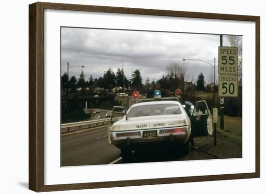 Oregon State Police Stops a Driver Who Exceeded 55 Mph National Speed Limit, 1973-null-Framed Photo