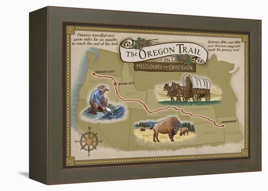 Oregon Trail Map-Lantern Press-Framed Stretched Canvas