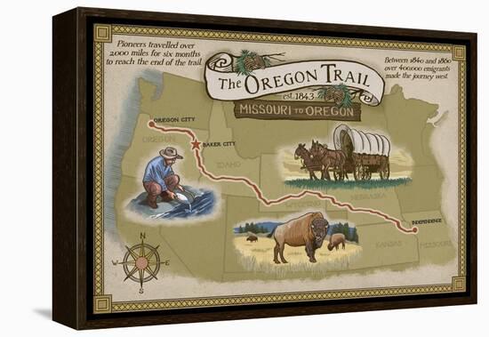 Oregon Trail Map-Lantern Press-Framed Stretched Canvas
