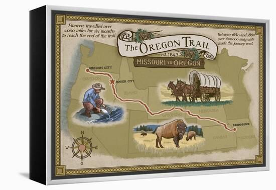 Oregon Trail Map-Lantern Press-Framed Stretched Canvas