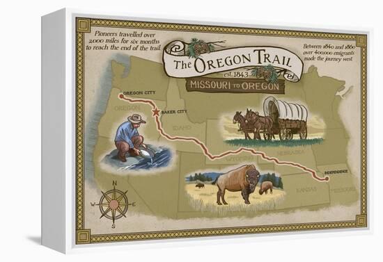 Oregon Trail Map-Lantern Press-Framed Stretched Canvas