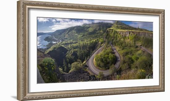 Oregon. Twisting, curving Historic Columbia River Highway (Hwy 30) below the Rowena Plateau-Gary Luhm-Framed Photographic Print