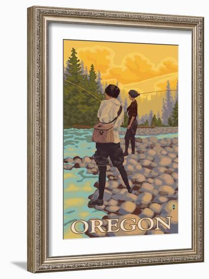 Oregon Women Fly Fishing-Lantern Press-Framed Art Print