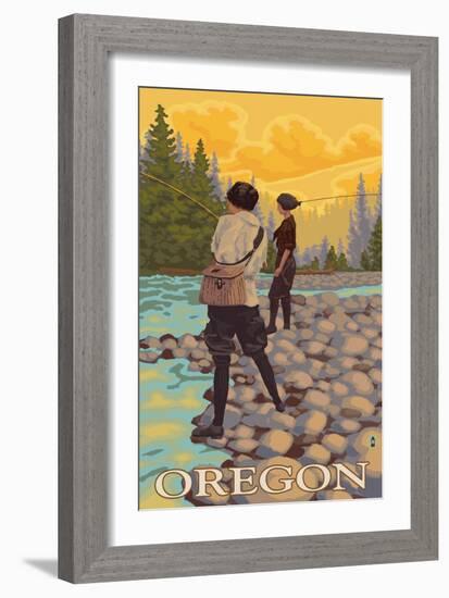 Oregon Women Fly Fishing-Lantern Press-Framed Art Print