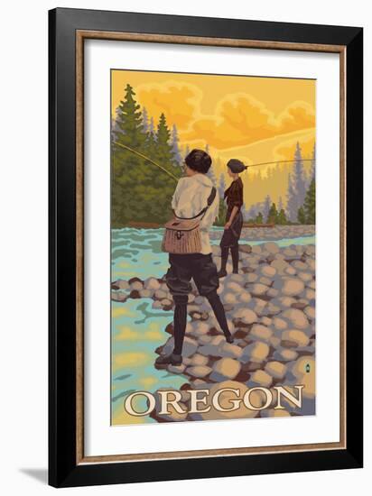 Oregon Women Fly Fishing-Lantern Press-Framed Art Print