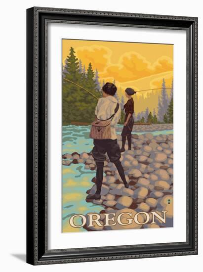 Oregon Women Fly Fishing-Lantern Press-Framed Art Print