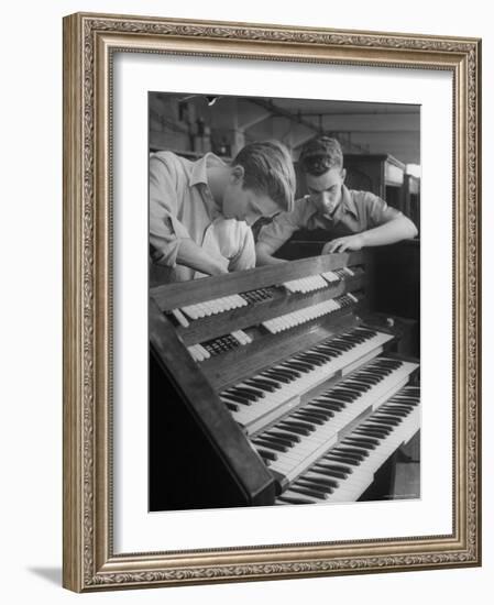 Organ Maker Students Michael Onuschko and Robert Morrow Working on Keyboard at Allen Organ Company-Nina Leen-Framed Photographic Print
