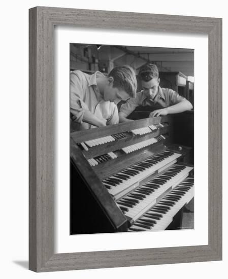 Organ Maker Students Michael Onuschko and Robert Morrow Working on Keyboard at Allen Organ Company-Nina Leen-Framed Photographic Print