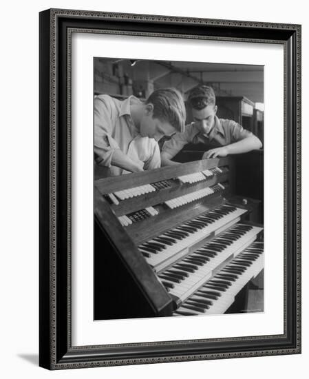 Organ Maker Students Michael Onuschko and Robert Morrow Working on Keyboard at Allen Organ Company-Nina Leen-Framed Photographic Print