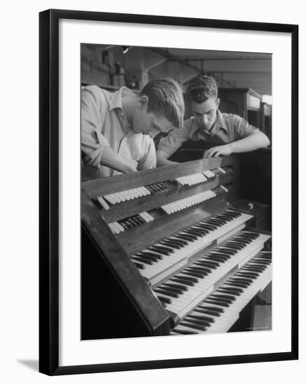 Organ Maker Students Michael Onuschko and Robert Morrow Working on Keyboard at Allen Organ Company-Nina Leen-Framed Photographic Print