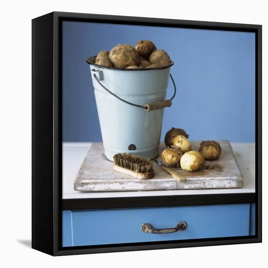 Organic Potatoes in Bucket and on Chopping Board; Brush; Knife-Michael Paul-Framed Premier Image Canvas