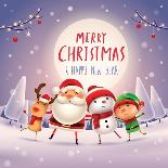 Merry Christmas! Happy Christmas Companions. Santa Claus, Snowman, Reindeer and Elf in Christmas Sn-ori-artiste-Art Print