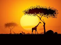 Tranquil Sunset Scene In Africa. Silhouette Animals And Trees In Africa Sunset Background-ori-artiste-Art Print