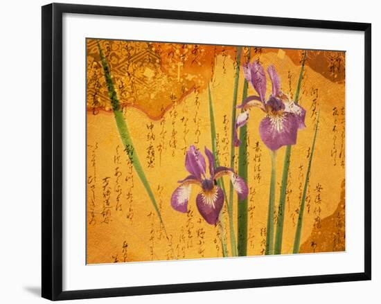 Oriental Batik Style Purple Bearded Iris and Green Leaves on Mottled Gold Background-null-Framed Photographic Print