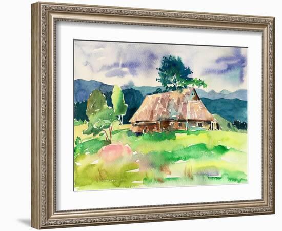 Original Handmade Watercolor Painting Illustration, Pleinair Wet Style Etude of Rural Landscape Wit-karakotsya-Framed Art Print