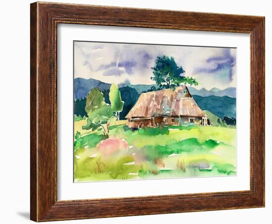 Original Handmade Watercolor Painting Illustration, Pleinair Wet Style Etude of Rural Landscape Wit-karakotsya-Framed Art Print