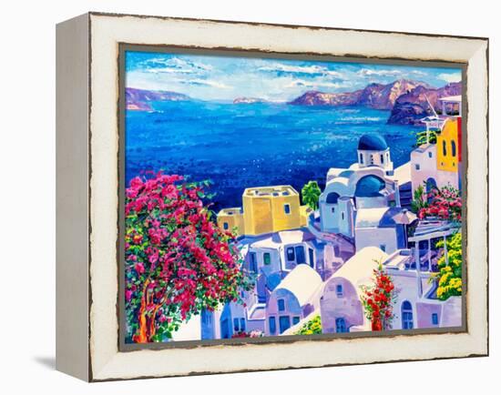 Original Oil Painting on Canvas. Greek Scenery, Blue Sea and White Houses.-Ivailo Nikolov-Framed Stretched Canvas