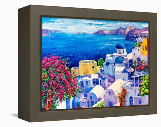 Original Oil Painting on Canvas. Greek Scenery, Blue Sea and White Houses.-Ivailo Nikolov-Framed Stretched Canvas