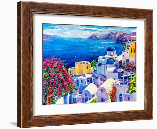 Original Oil Painting on Canvas. Greek Scenery, Blue Sea and White Houses.-Ivailo Nikolov-Framed Art Print