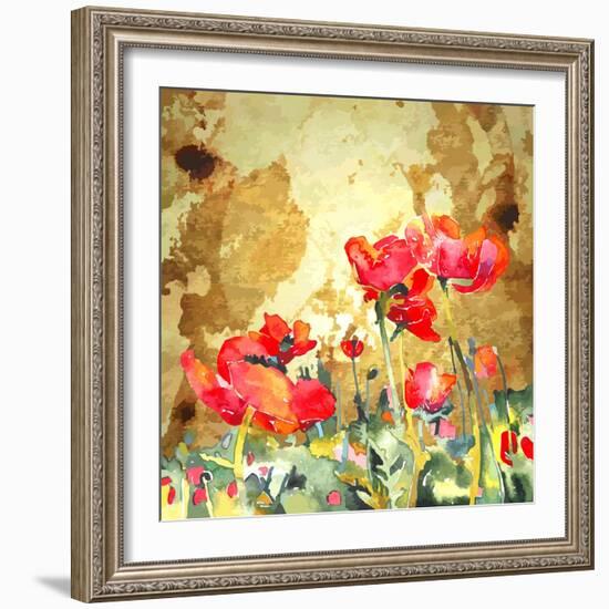 Original Watercolor Poppy Flower in Gold Background-karakotsya-Framed Art Print