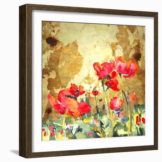 Original Watercolor Poppy Flower in Gold Background-karakotsya-Framed Art Print