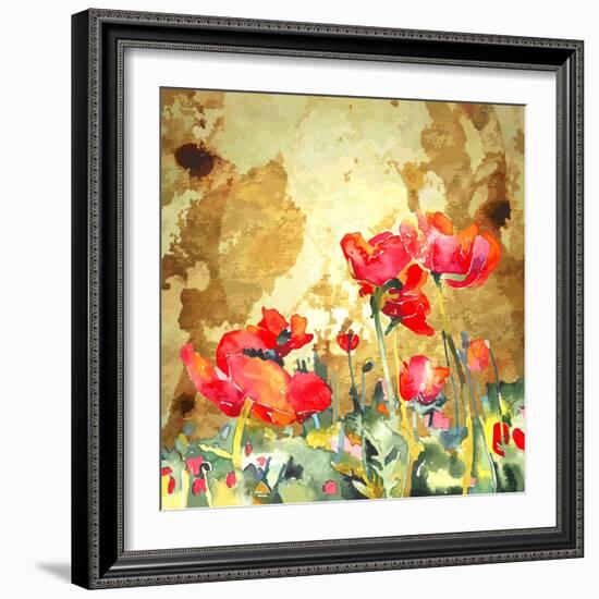 Original Watercolor Poppy Flower in Gold Background-karakotsya-Framed Art Print