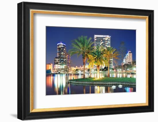 Orlando Downtown Skyline Panorama over Lake Eola at Night with Urban Skyscrapers, Tropic Palm Tree-Songquan Deng-Framed Photographic Print