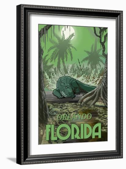 Orlando, Florida - Alligator in Swamp-Lantern Press-Framed Art Print