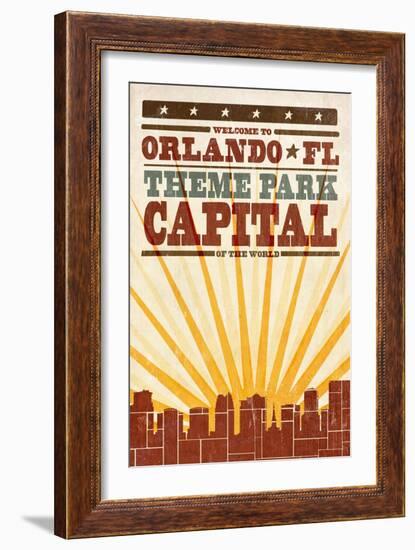 Orlando, Florida - Skyline and Sunburst Screenprint Style-Lantern Press-Framed Art Print