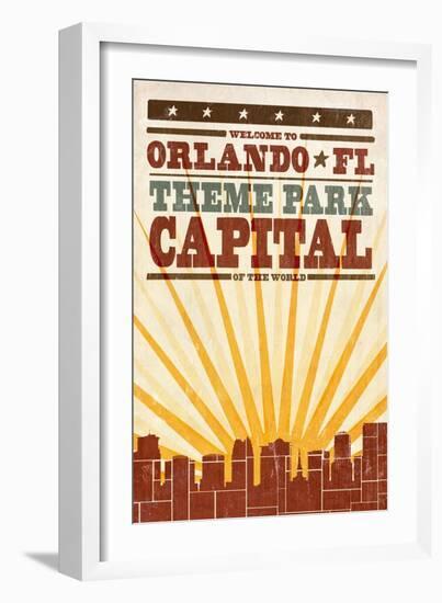 Orlando, Florida - Skyline and Sunburst Screenprint Style-Lantern Press-Framed Art Print