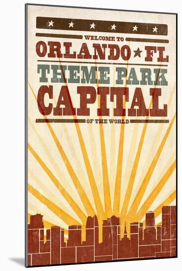 Orlando, Florida - Skyline and Sunburst Screenprint Style-Lantern Press-Mounted Art Print