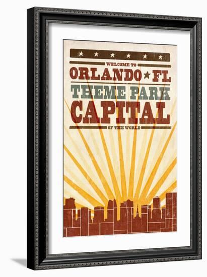 Orlando, Florida - Skyline and Sunburst Screenprint Style-Lantern Press-Framed Art Print