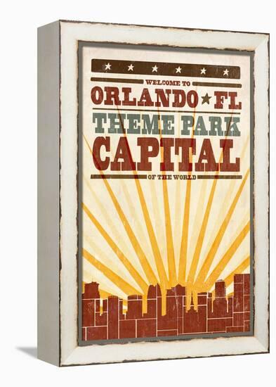 Orlando, Florida - Skyline and Sunburst Screenprint Style-Lantern Press-Framed Stretched Canvas