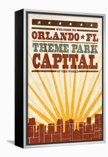 Orlando, Florida - Skyline and Sunburst Screenprint Style-Lantern Press-Framed Stretched Canvas