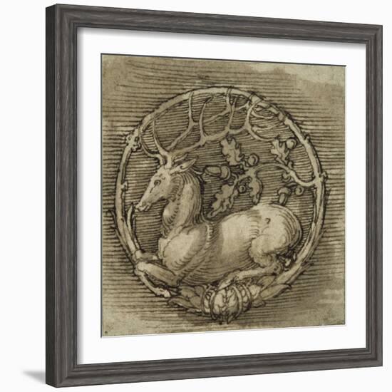 Ornament with a Deer Lying in a Circle of Oak Branch-Albrecht Dürer-Framed Giclee Print