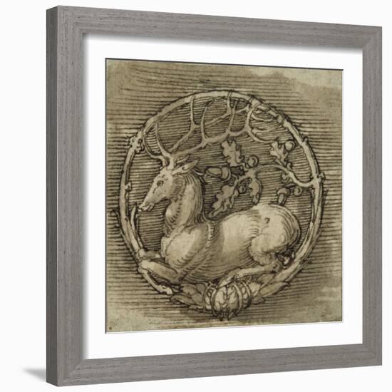 Ornament with a Deer Lying in a Circle of Oak Branch-Albrecht Dürer-Framed Giclee Print