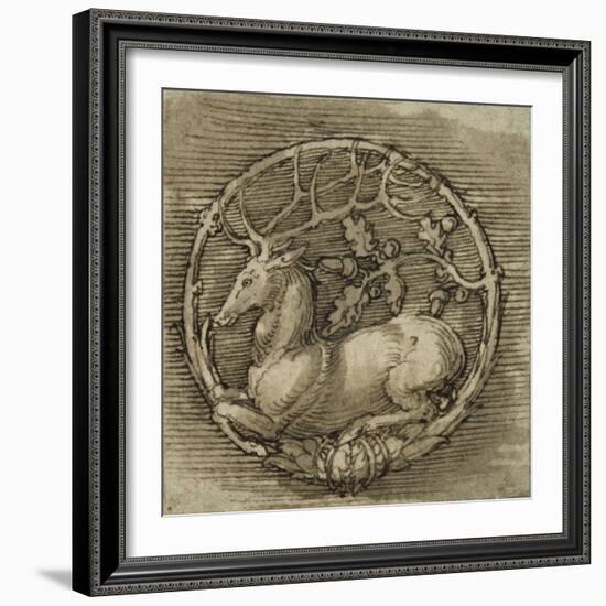 Ornament with a Deer Lying in a Circle of Oak Branch-Albrecht Dürer-Framed Giclee Print